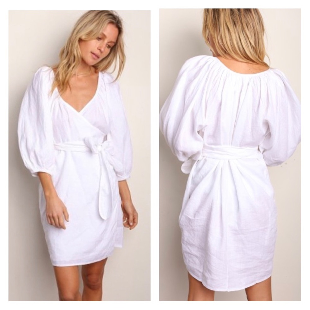 NWT Mara Hoffman Coletta Wrap Puff Sleeve Linen Dress in White